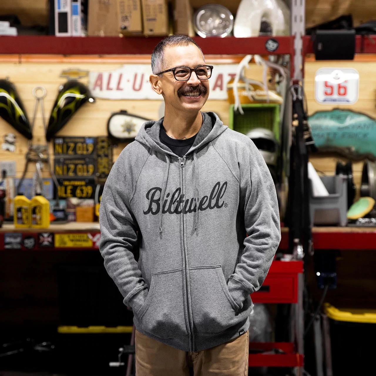 Biltwell - Script Zip-Up Raglan Hoodie - Gray 5 Biltwell - Script Zip-Up Raglan Hoodie - Gray - Image 5