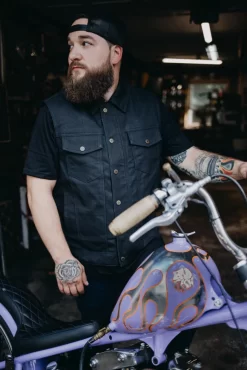 Deadbeat Customs 14 Oz. Signature Denim Vest - Collar 29 Deadbeat Customs 14 Oz. Signature Denim Vest - Collar -Next stop, Motorcycle riding. deadbeat customs 14 oz signature denim vest collar 93828.1697659083