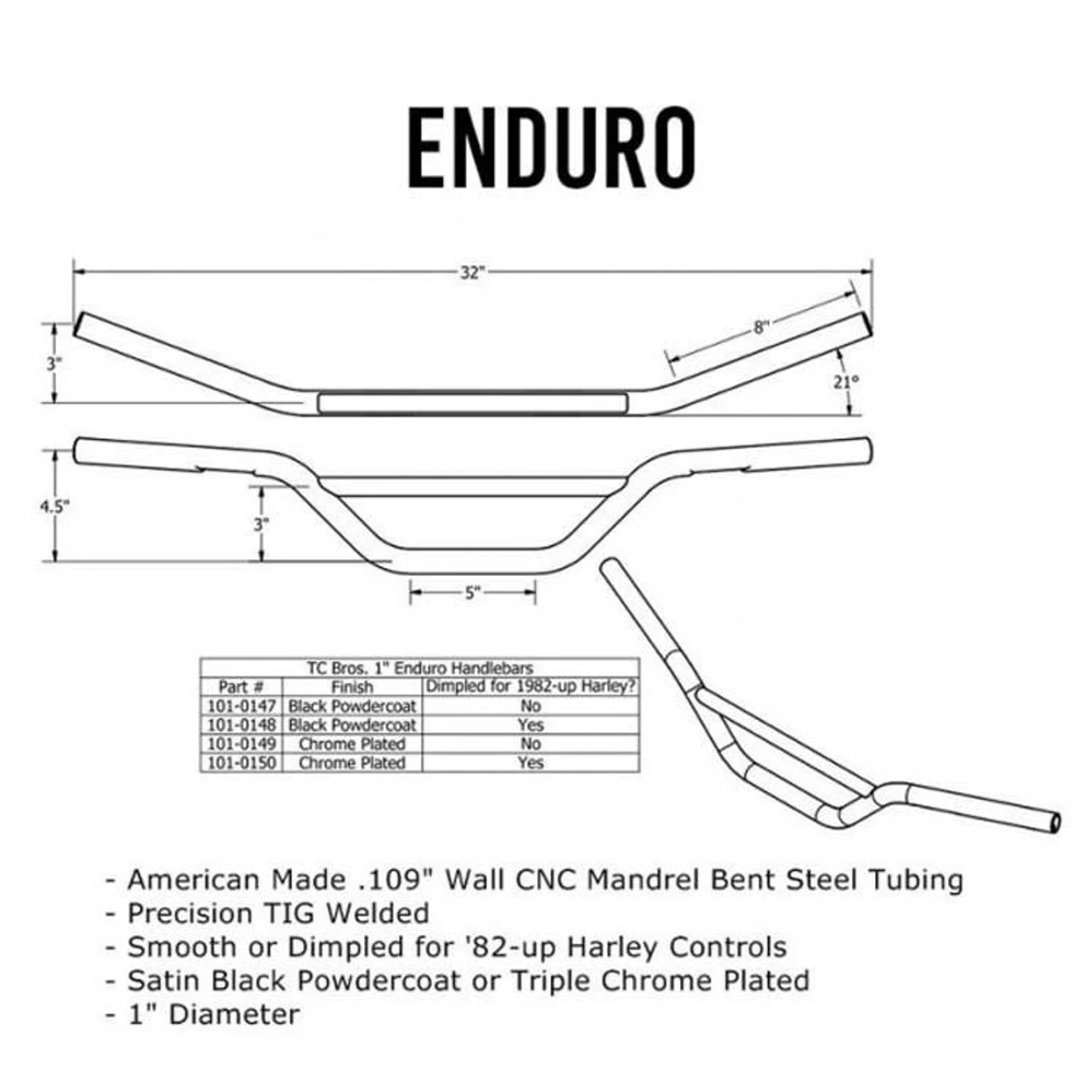TC Bros Choppers - 1" Dimpled Enduro Handlebars - Black 4 TC Bros Choppers - 1" Dimpled Enduro Handlebars - Black - Image 4